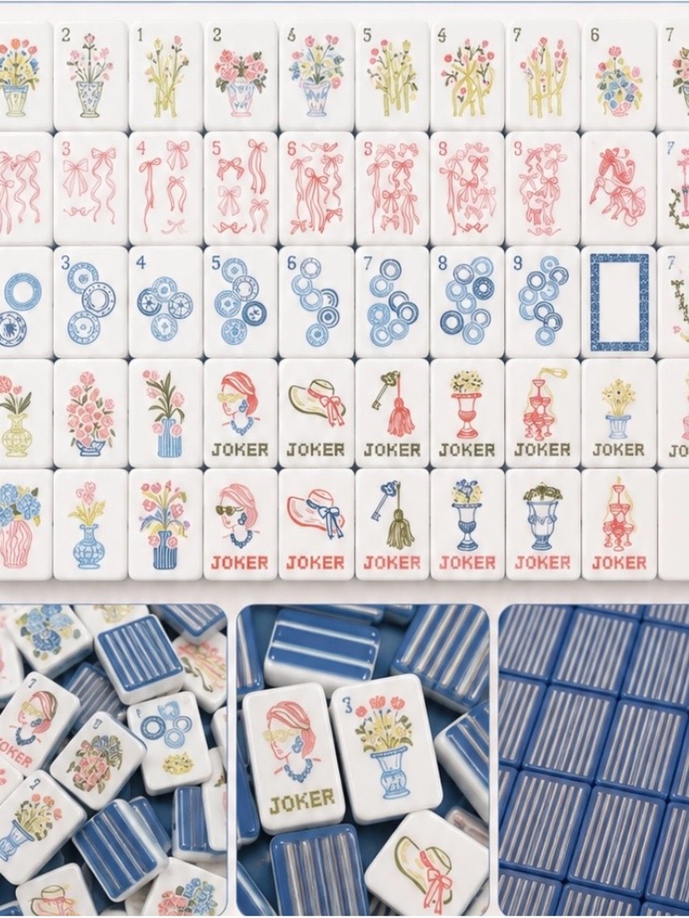 Classic Floral Mahjong Tile Set - Blue & White